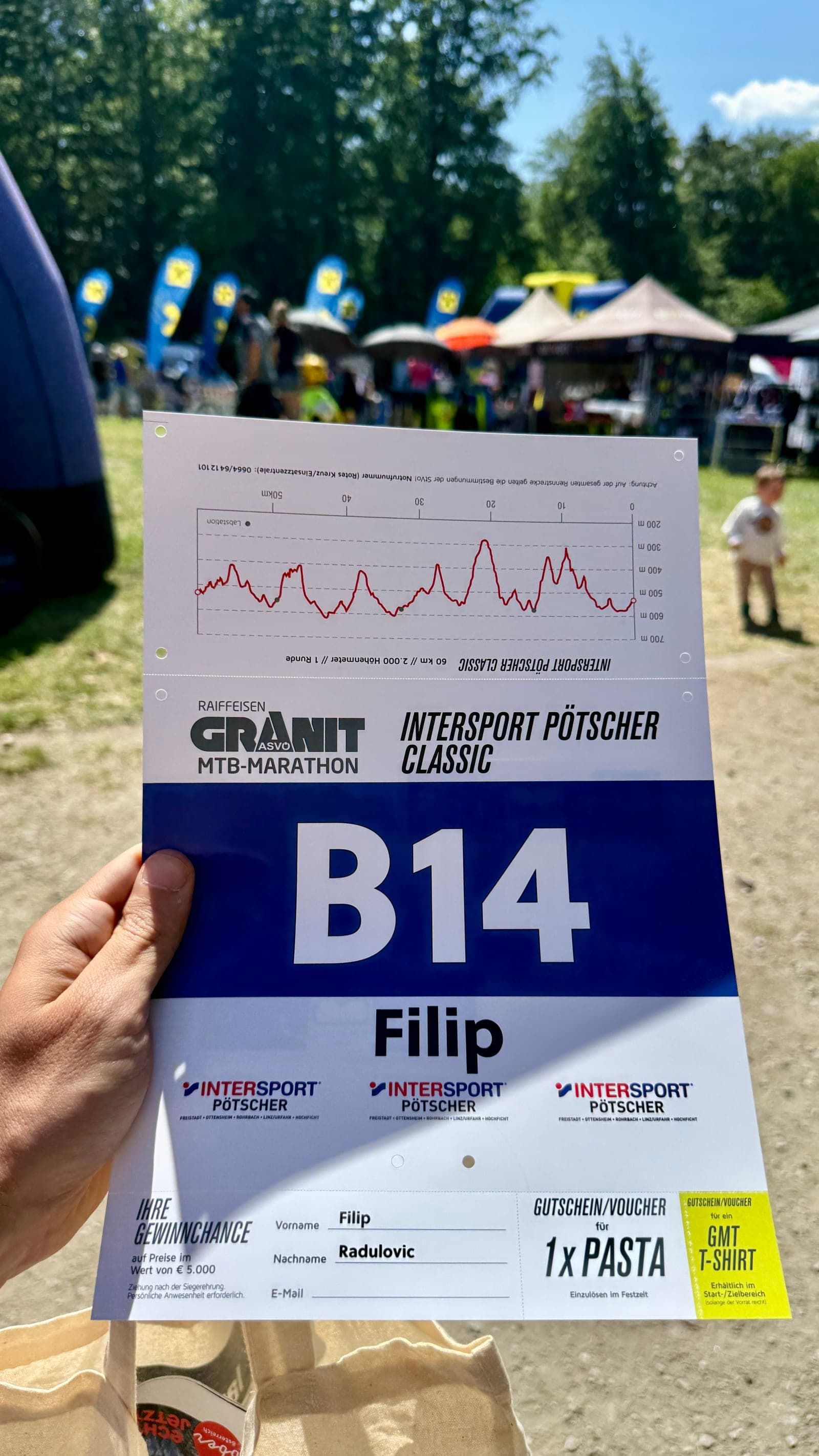 Large Intersport Pötscher Classic start number with route profile for Filip Radulovic.
