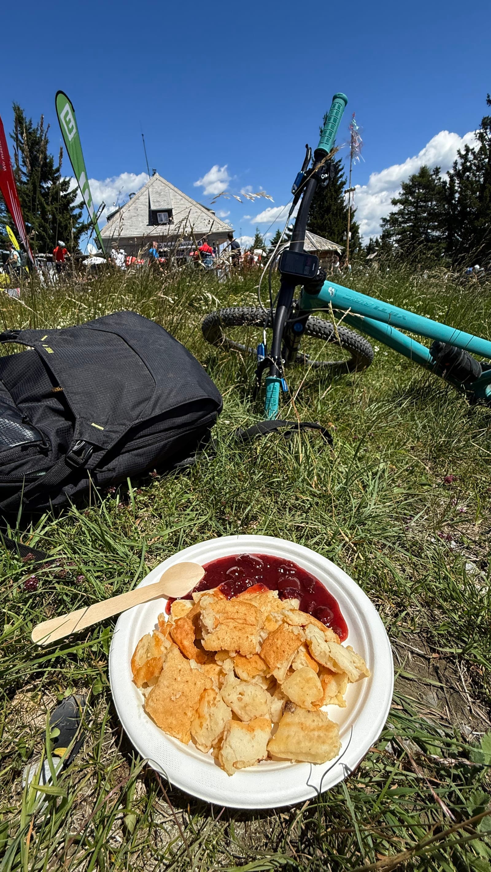 Kaiserschmarrn beside a mountain bike after Schockl Gipfelsturm 2026.