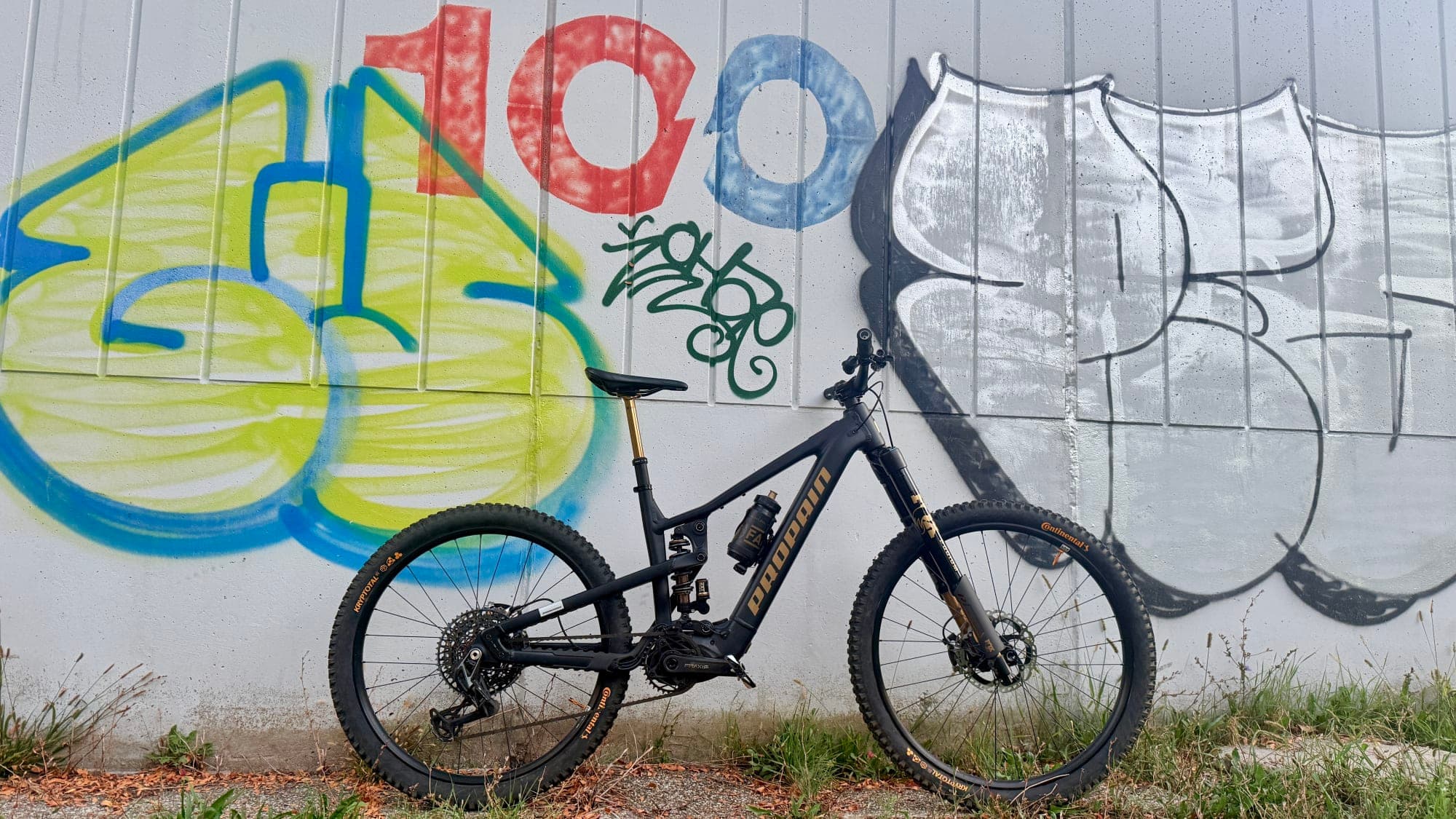 Propain Ekano AL 3 2026 e-bike in Venom Black leaning against a graffiti wall
